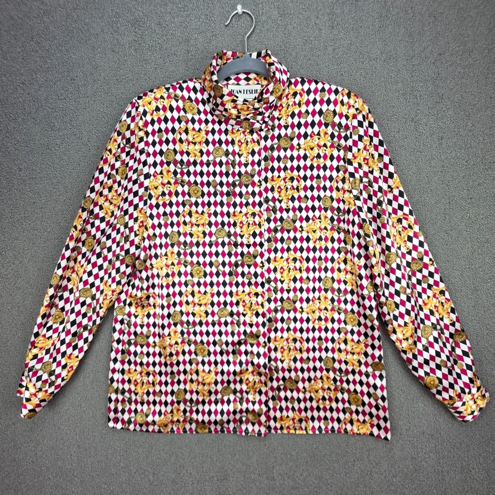 Joan Leslie Vintage 80s 90s Harlequin Baroque Blouse Women Pink Gold Diamond